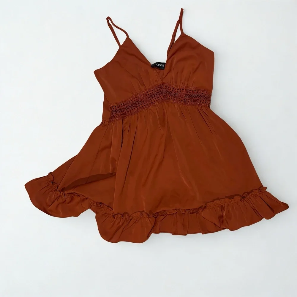Cider Hollow Out Mini Dress Size Small Baby Doll Ruffle Burnt Orange - Picture 4 of 5